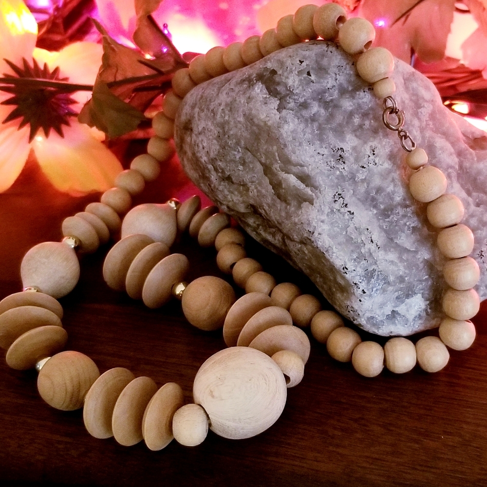 Wooden Beads Necklace Organic Natural Statement 1980's Boho Coachella Tribal